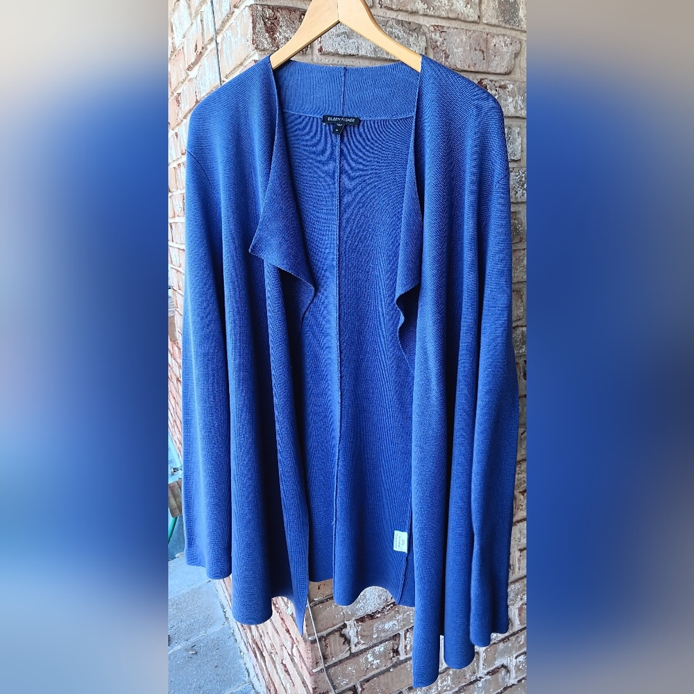 Eileen Fisher Silk Blue Tunic Length Cardigan